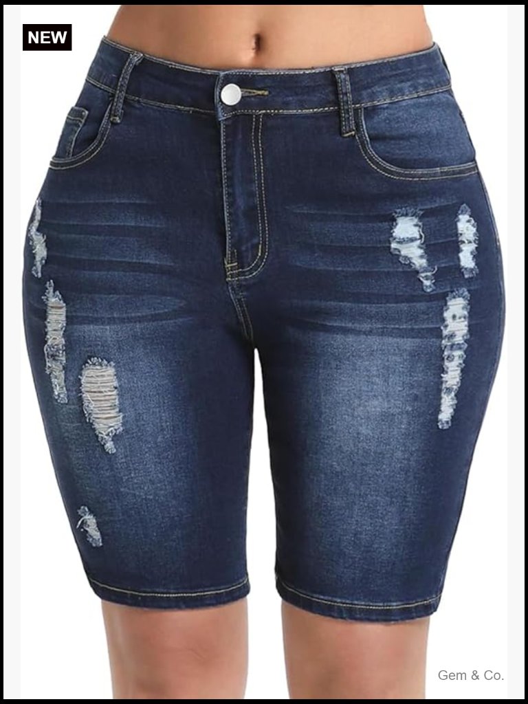 High Waisted Distressed Denim Bermuda Shorts Knee Length Long Jean Shorts